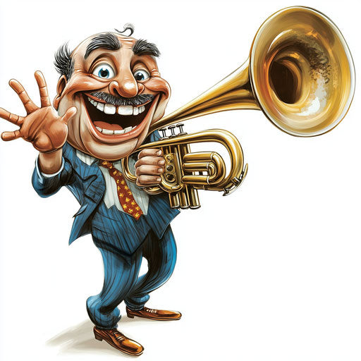 Humorous caricature of a trumpet with exaggerated human characteristics