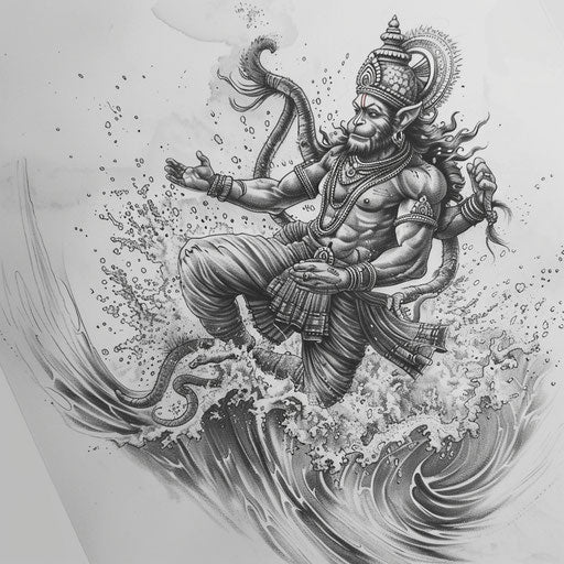 Dynamic flat tattoo sketch of Hanuman leaping over the ocean