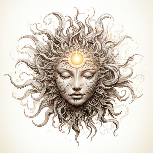 Sun with woman's face in detailed ink illustration style