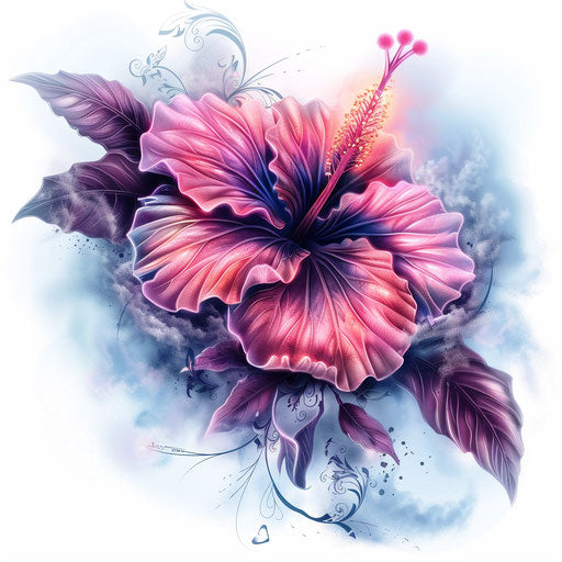 Fantasy hibiscus tattoo on mystical fog background
