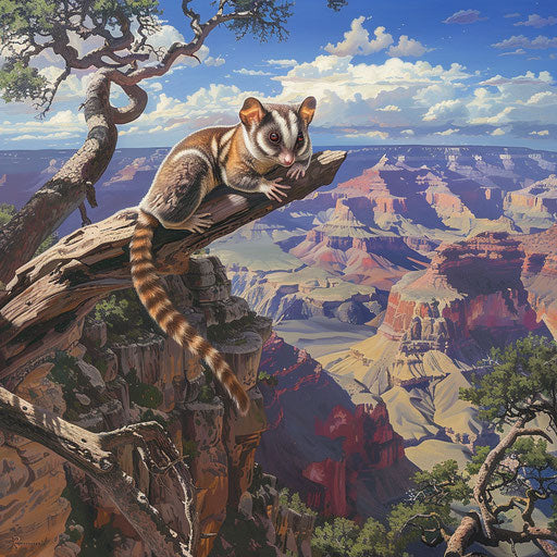 A flying squirrel basking in the sun on a branch overlooking the Grand Canyon
