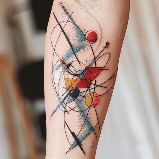 Abstract geometric tattoo design with sharp angles and smooth arcs, vividly colored on white