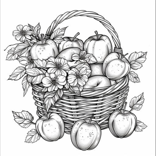 A basket of apples with leaves and flowers