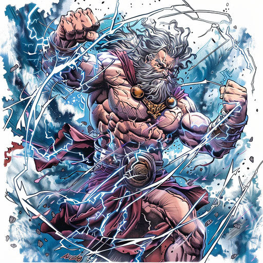 Zeus throwing thunderbolts in a dynamic comic art style
