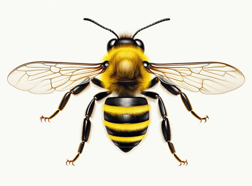 Large yellow and black bee on white background, woodcut style