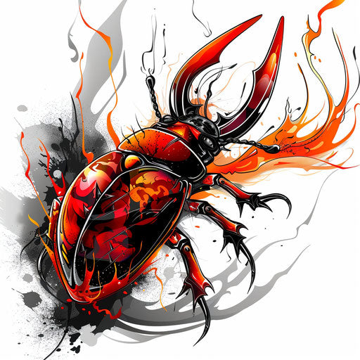 Dynamic tattoo sketch of a fire-colored beetle in clipart style