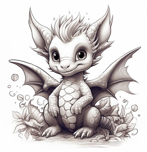 Illustrated baby girl dragon isolated on white background, meticulous inking style