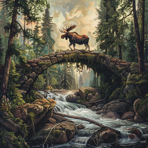A moose crossing a natural stone bridge over a rushing river in a lush forest.