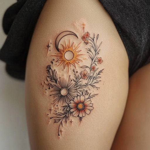 Women's floral tattoos with celestial sun, moon
