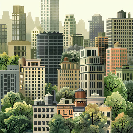 City clipart with realistic depiction, muted olive background, soft gradients, refined linework