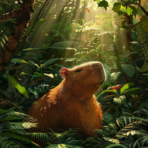 Capybara among lush foliage, sunlight filtering Frans Lanting