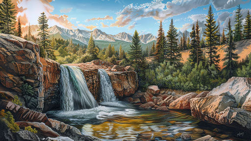 Colored pencil landscape with waterfall in rocky mountains
