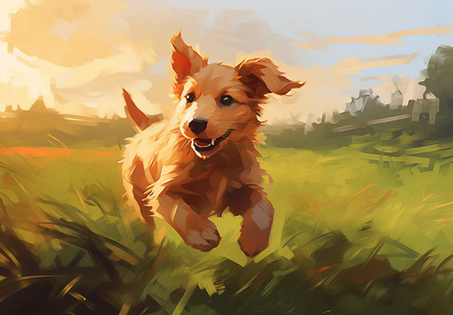 Puppy running in a green grass field