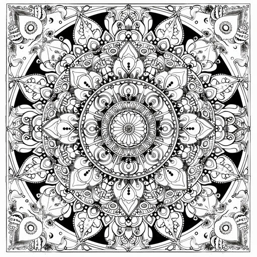 Intricate mandala-style emojis with detailed patterns, coloring book page