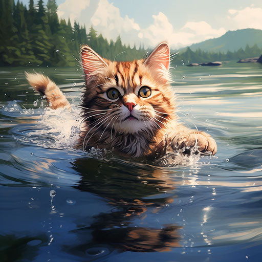Manx cat swimming in a lake by the shore