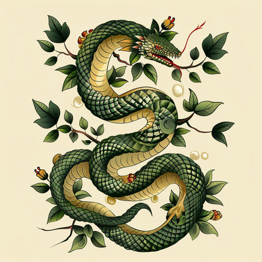 Stylish minimal tattoo of coiled snake, vibrant greens and golds, clipart