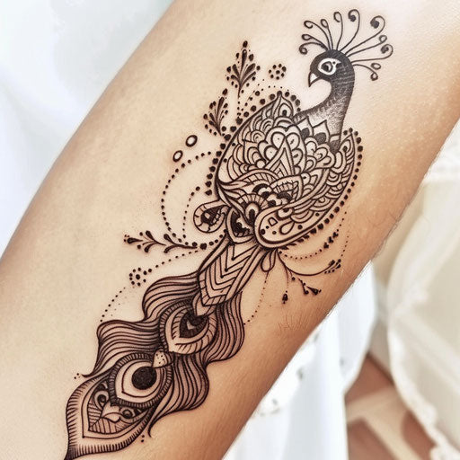 Peacock henna tattoo, intricate patterns, white background