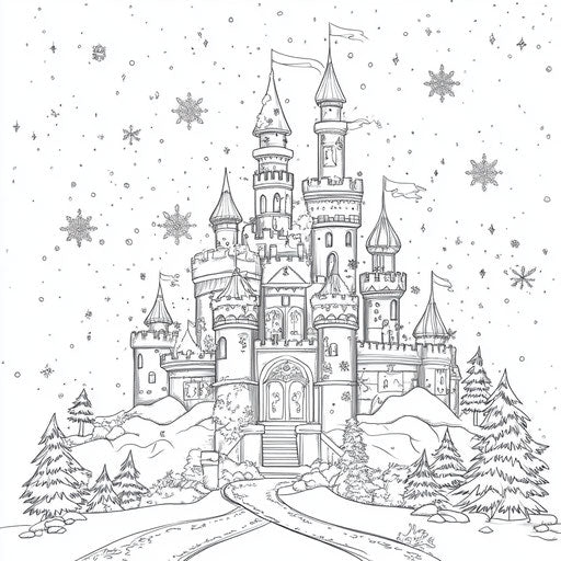 Snowy princess castle with festive decorations