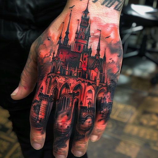 Hand tattoo with gothic castle