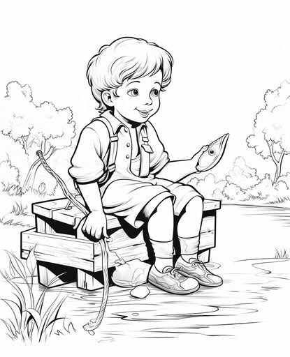 Kids fishing coloring pages, vintage style, strong contrast