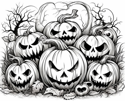 Coloring pages of pumpkins, in black and white drawings style, 31:25
