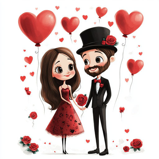 Valentine's Day cartoon couple with red roses and balloons