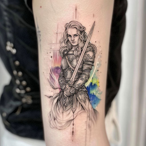 Artistic flat tattoo sketch of Freya with her sword, against northern lights backdrop