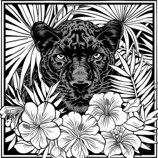 Black panther surrounded by tropical flowers and foliage