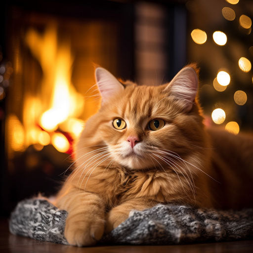 Ginger cat in front of a fireplace fire