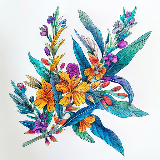 Vibrant and colorful flat tattoo sketch of sage leaves intertwined with bright flowers