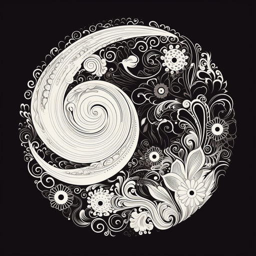 Black and white yin yang symbol in art nouveau style