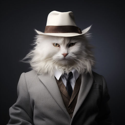 White cat dressed as a man