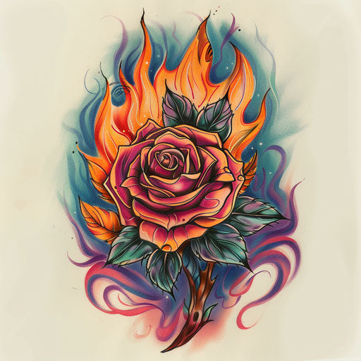 Energetic flat tattoo sketch of a gypsy rose with dancing flames