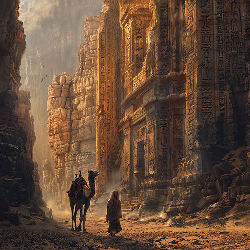 A nomad guiding a camel through an ancient city, walls etched with history.