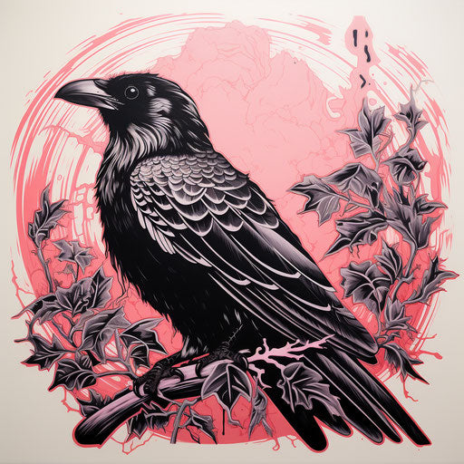 Black and white tattoo of a raven, traditional Japanese art style