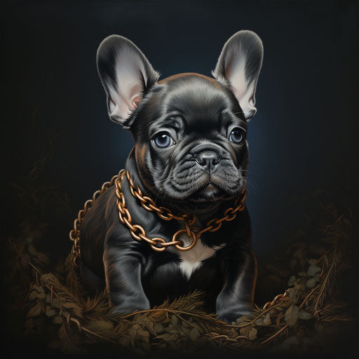 French bulldog puppy with gold chain chasing grass