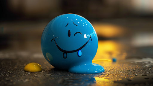 Smiling blue emoticon face with a tear streak