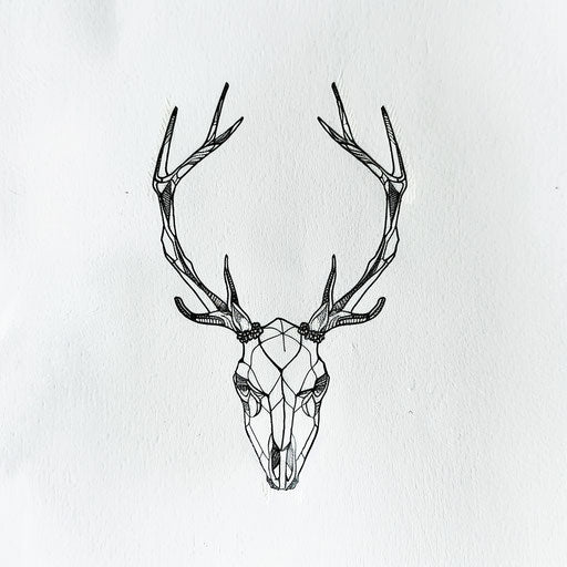 Minimalist line art of a deer skull tattoo, elegant and simple, on white background.