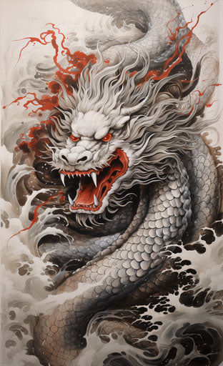 Japanese painting of a red and white dragon, handcrafted design