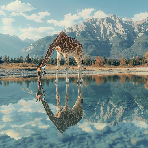 A giraffe bending to drink from crystal-clear lake with reflected mountains