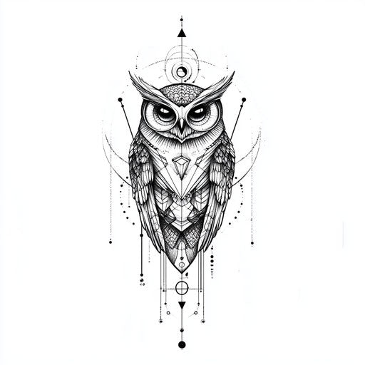Stylized owl tattoo sketch with geometric patterns