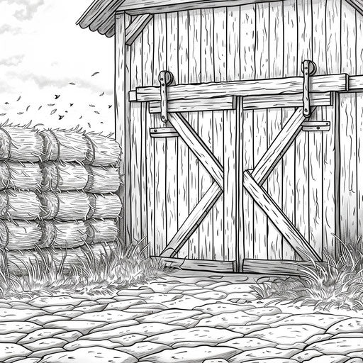 Wooden barn doors and hay bales - Coloring page