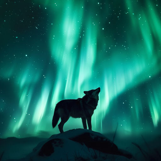 Wolf's silhouette against the glowing aurora borealis