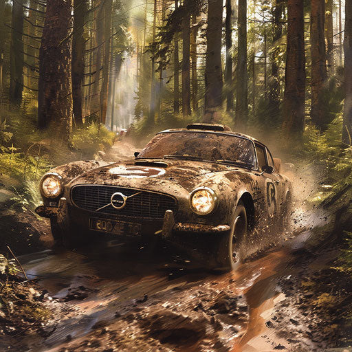 1966 Volvo P1800 rally version racing in rugged forest