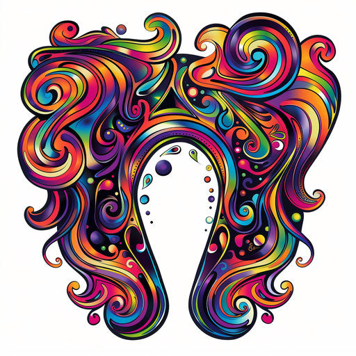 Flat psychedelic tattoo sketch of a horseshoe with vibrant swirls and colors