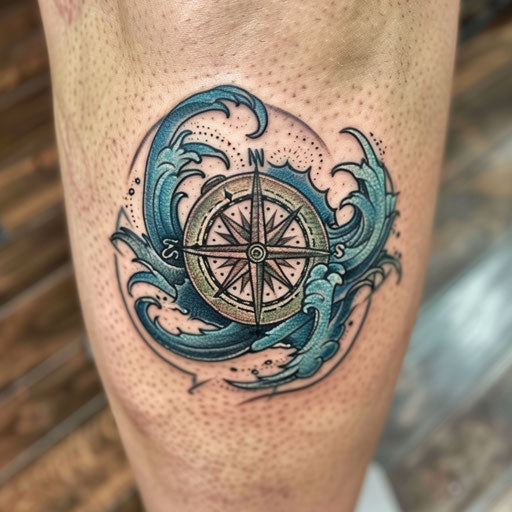 Nautical compass tattoo with ocean waves, true north