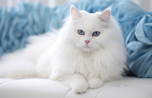The softest cat breed, in the style of beige and azure, white and magenta, light white and dark azure, hazy romanticism, light beige, white and azure, iconic 17:11
