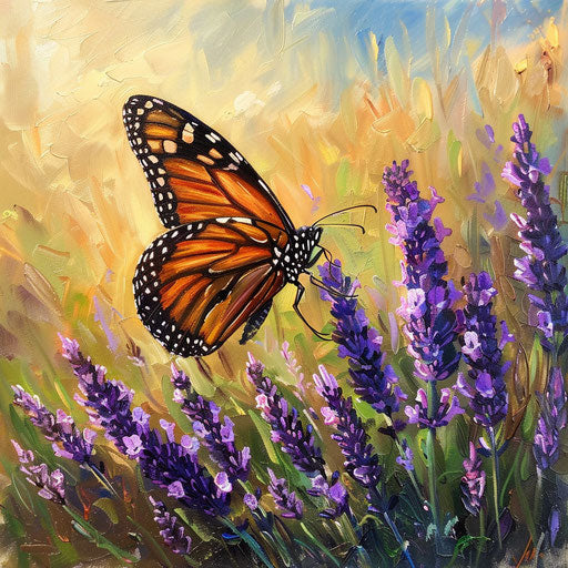 Monarch butterfly on vibrant purple lavender in sunlit field