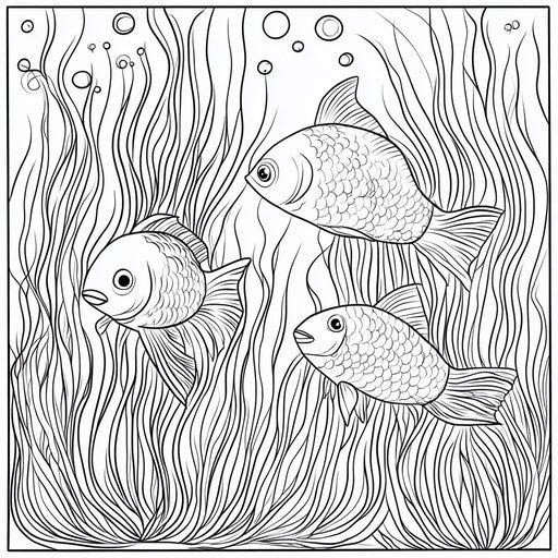 Rainbow fish swimming among seaweeds, coloring book page