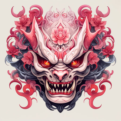 Japanese demon with classic tattoo motifs - dark pink and white